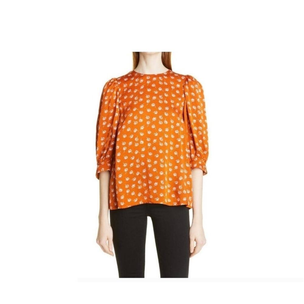 NWOT Samsoe Samso Celestina Elbow Length‎ Puff Sleeve Orange White Blouse Sz S